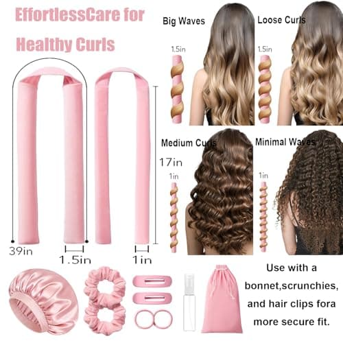 MZinge Heatless Hair Curler Set, Overnight Curling Rods 2 Sizes (1.5inch & 0.5inch) for All Hair Types, No Heat Damage, Complete Styling Kit with Sleep Cap & Storage Bag for women gifts (Pink) — view 2