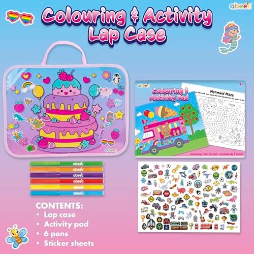 abeec Colouring & Activity Lap Case Pink | Portable Travel Art Set for Girls | 40 Page Colouring Pad, 6 Felt Tip Pens, Over 100 Stickers | Fun Lap Tray for Holidays, Homework & Road Trips — view 2