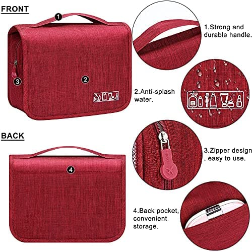 Acopton Portable Hanging Travel Toiletry Bag for Men and Womens Waterproof Bathrooom Shower Bag Multifunctional Cosmetic Makeup Organzier (Wine Red) — view 5