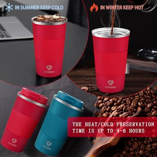 CS COSDDI Travel Mugs, Insulated Coffee Cup with Leakproof Lid - Reusable Coffee Cups Travel - Car Coffee Cup - Stainless Steel Coffee Mug for Hot and Cold Water and Tea(Red-A, 510 ml) — view 2