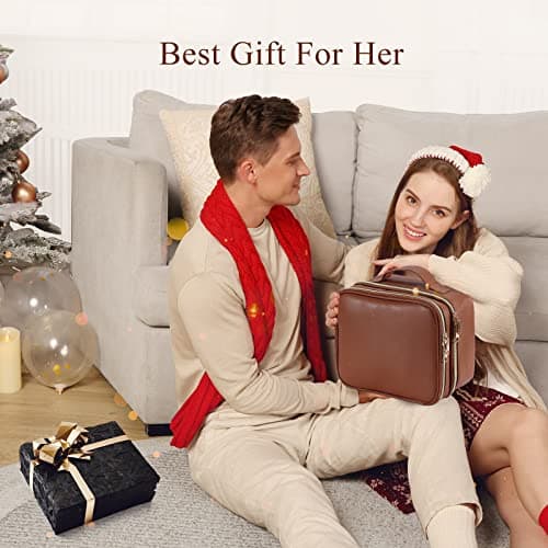Joligrace Double Layer Makeup Bag Cosmetic Case Vanity Travel Beauty Box Make Up Train Case Hairdressing Tools Organiser with Adjustable Compartment, Brown — view 6