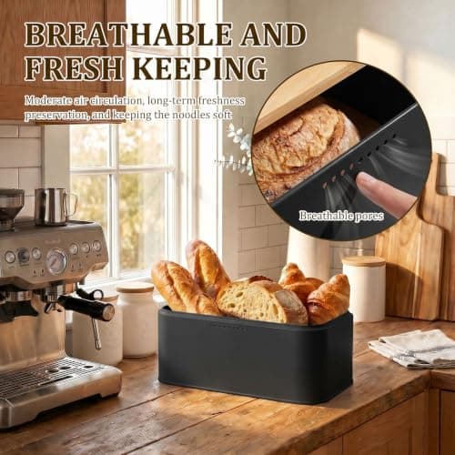 ZEJEXXB Bread Bin with Bamboo Cutting Board Lid and Cotton Bag Metal Bread Storage Container with Airy Holes to Keep Toast Fresh for Loaves, Pastries, Rolls(Black) — view 5