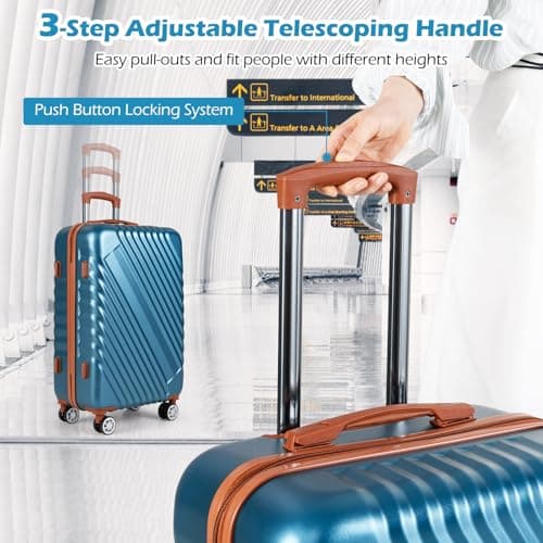 COSTWAY Travel Suitcase Set of 3, Lightweight Durable ABS Hard Shell Cabin Luggage Set with Wheels, TSA Approved Lock & Retractable Handle, Airline Approved Carry on Suitcase Trolley (Teal) — view 4