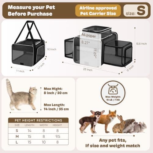 Top and 2 Sides Expandable Pet Carrier 17x11x9.5,TSA Airline Approved Small Dog Carriers for Small Dogs,Soft-Sided Cat Carrier with Self-Locking Zippers for Kitten,Rabbit,Puppy,Guinea Pig Black White — view 4