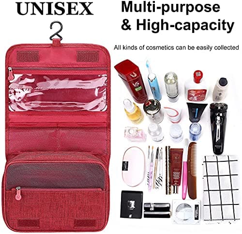 Acopton Portable Hanging Travel Toiletry Bag for Men and Womens Waterproof Bathrooom Shower Bag Multifunctional Cosmetic Makeup Organzier (Wine Red) — view 2