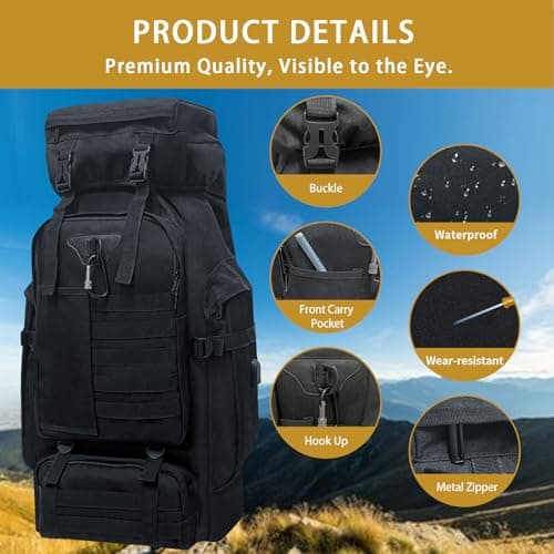 Vaupan 80L Camping Hiking Backpack, Large Military Tactical Backpack with USB Charging Port, Waterproof Travel Daypack With Carabiner Outdoor MOLLE Rucksack for Men Women (Black-Biner) — view 4