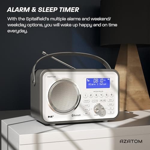 DAB/DAB+ & FM Portable Digital Radio | Leather Design | Bluetooth | Rechargeable Battery | Dual Alarms & Sleep Timer | Perfect for Home, Office or Outdoors | AZATOM Spitalfields 2 (Grey) — view 4