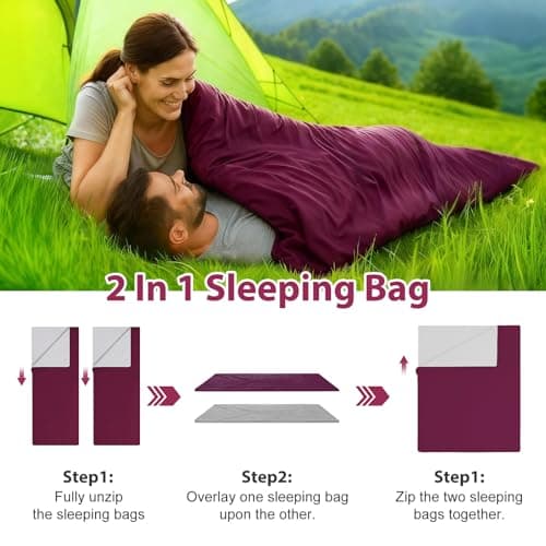 M.J COMFY-LIFE Lightweight Rectangular Sleeping Bag 190cm Envelope Sleeping Bag, Ultralight Camping Bag with Two-Way Zipper (Purple) — view 3