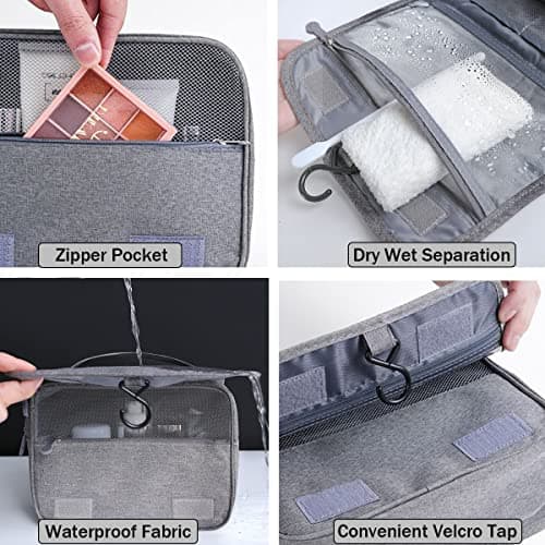 Hanging Travel Toiletry Bag, YYGOJOY Folding Travel Wash Bag, Portable Makeup Cosmetic Organizer, Waterproof Bathrooom Shower Bag with Hook for Men Women Kids (Grey) — view 6