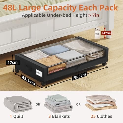 Somdot 48L Under Bed Storage Box, Large Capacity Under Bed Storage on wheels with Lid and Zip, Foldable Organiser for Clothes Bedding and Shoes, Black, 2 Pack — view 2