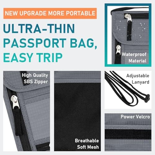 sundee Travel Neck Wallet with RFID Blocking for Men and Women, Passport Holder and Neck Pouch with Adjustable Lanyard Strap, Slim Wallet with Zipper Pockets to Keep Cash Cards Phone Safe -Light Gray — view 4