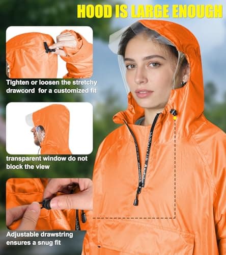 Andake Rain Poncho Rain Jacket Lightweight Waterproof for Men and Women, Packable Windproof with Hood for Hiking, Cycling, and Outdoor Activities Orange — view 3