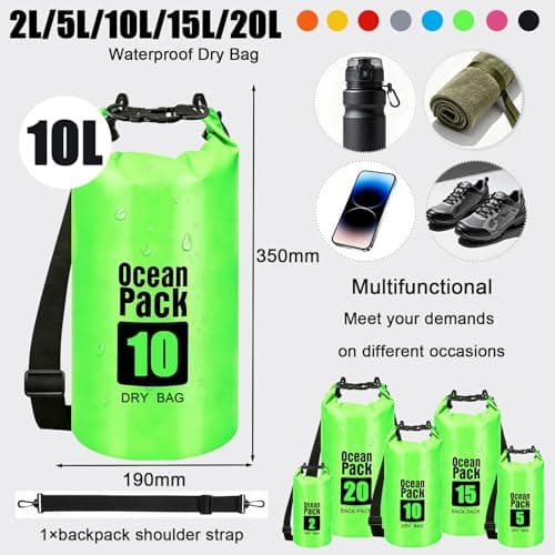 RONGZUBAT 10L Waterproof Dry Bag with Shoulder Strap, Roll Top Dry Sack for Towels and Clothes, Waterproof Bag for Kayaking, Paddle Boarding, Boating, Beach, Camping and Travel - Green — view 2