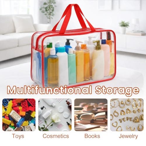 M.J COMFY-LIFE 4 Pack Clear Toy Storage Bags with Handle & ID Tags 12.2x9.06x3.94 Inch PVC Organizer Bags Reusable Transparent Travel Toiletry Bags for Building Blocks Puzzles Cosmetics Multicolor — view 4