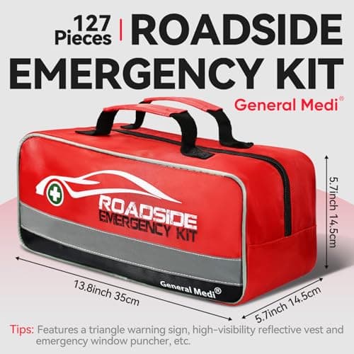 General Medi 127-Pieces Roadside Car Emergency Kit Include Mini First Aid Kit, Jumper Cables,Tow Rope, Bandage, Safety Vest, Emergency Triangle, All in One Pack — view 3