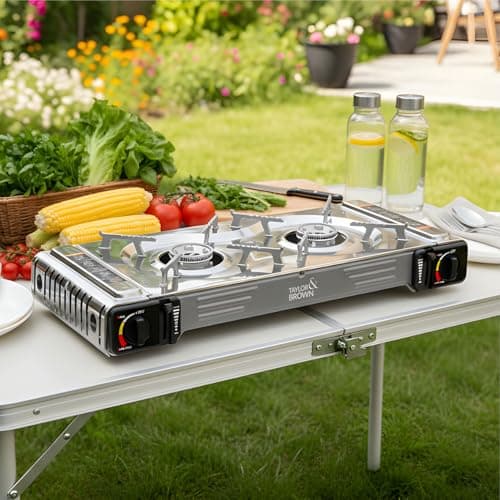 Taylor & Brown Portable Dual Burner Camping Stove Stainless Steel with 4 Butane Gas & Carry Case | EN417 Compliant Premium Gas Double Stove | with Automatic Ignition & Heat Control — view 2