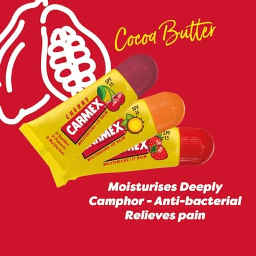 Carmex Minis Lip Balm Tube Set Cherry, Strawberry & Pineapple Mint Multipack With SPF 15 For Sun Protection Hydrating Lip Care with Cooling Relief for Hot Sunny Days (Pack Of 3) — view 5