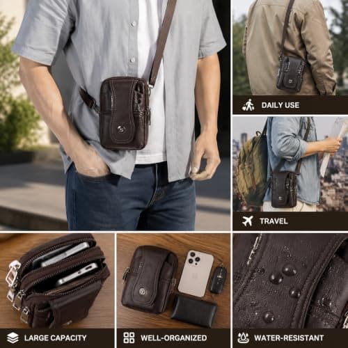 KUBDPQOR Leather Phone Waist Bag for Men, Crossbody Belt Pouch with Anti-Theft Zip, Small Travel Shoulder Bag for Mobile Phone, Camping, Hiking & Outdoor Use, Brown — view 5