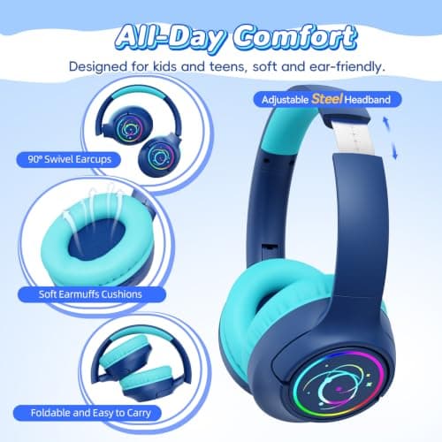 Kids Headphones Wireless with LED Lights 85H Playtime for Toddler Boy, Navy — view 5