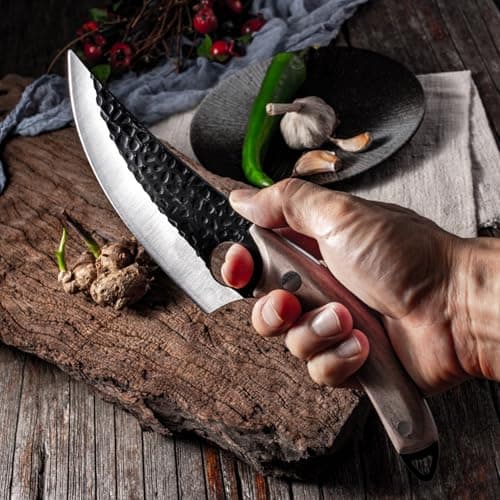 Fubinaty Japanese Chef's Knife Handmade Forged Full Tang Kitchen Knives 6'' High Carbon Steel Cooking Knife with Leather Sheath and Ergonomic Rosewood Handle — view 6