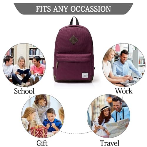 VASCHY School Bag, Water Resistant Backpack for Men, Women, Boys and Girls Lightweight Rucksack for School, Travel, Work Fits 15.6" Laptop, Burgundy — view 6
