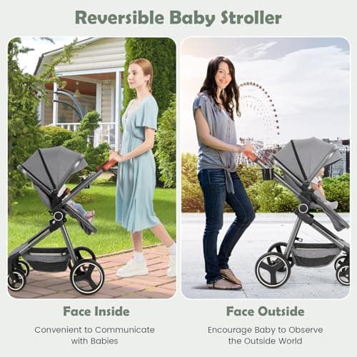 COSTWAY Baby Pushchair, Foldable Travel System Pram with Reversible Seat, Adjustable Canopy & Backrest, Storage Basket, Cup Holder, Aluminum Structure Stroller for 0-36 Months (Grey) — view 2