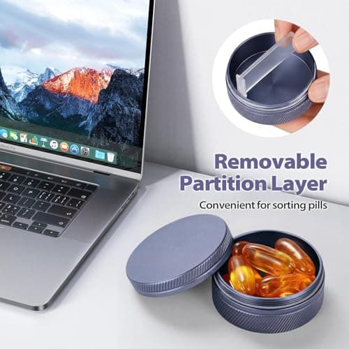 Portable Metal Pill Box Organiser - Waterproof Tablet Box with Removable Divider, Small Aluminium Pill Case, Rugged Medicine Container for Daily Vitamins and Travel, Pocket & Handbag Size, Dark Blue — view 5