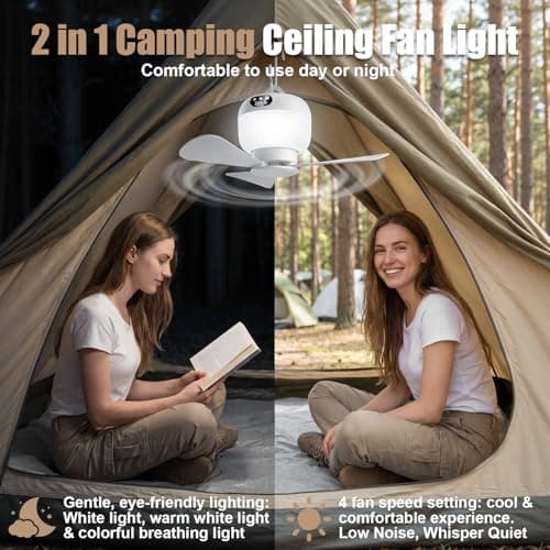 Camping Fan with Light & Remote, Portable Ceiling Fan Wireless Rechargeable Tent Fan with 4 Speeds,3 Light Modes,Timer, Battery Powered Fan for Tents, Canopy, Beach, RV, Car, Camper & Outdoor — view 3