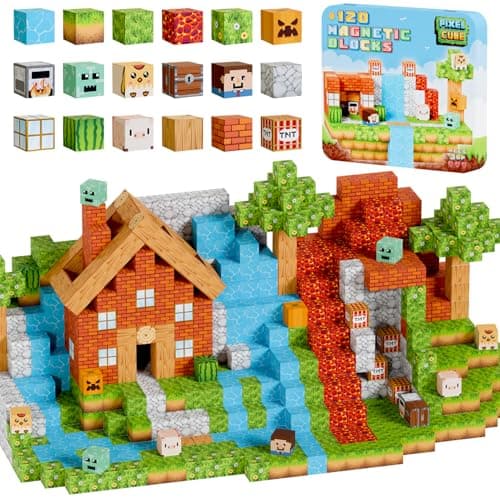 Pixel Cube 120 Piece Magnetic Building Mine Blocks Set with Travel Tin