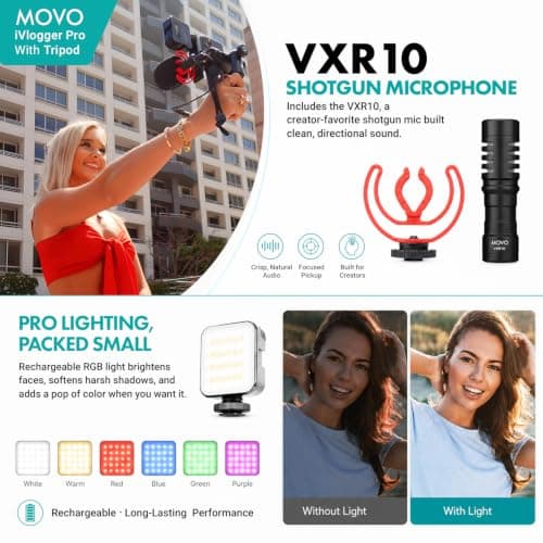 Movo iVlogger-PRO Vlogging Kit with Full Tripod for iPhone/Android - YouTube Starter Kit for Content Creators - Accessories: Phone Tripod, Phone Mount, RGB Light and VXR10 Shotgun Mic — view 5