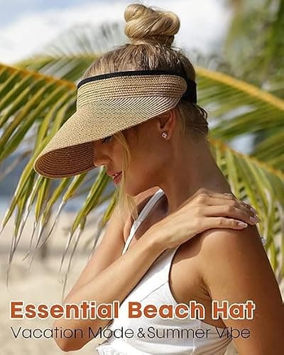 Women's Straw Sun Visor Hat, Wide Brim UPF UV Protection, Packable Ponytail Beach Visor for Summer Outdoor Travel Khaki — view 5