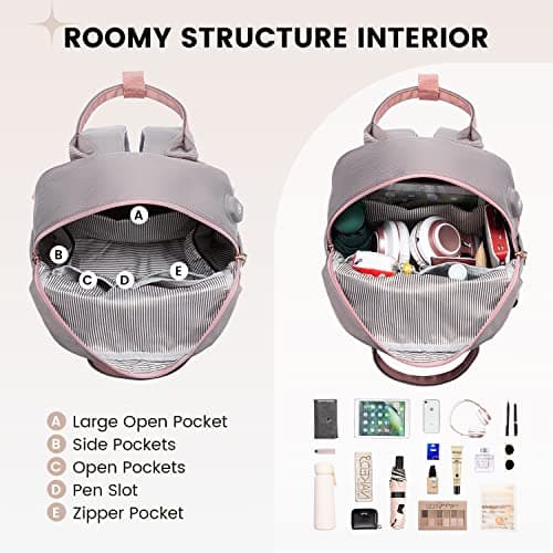 LOVEVOOK Backpack Womens Small Fashion Rucksack Bag for Ladies with USB Port Waterproof Handbag for Girls Anti-theft Mini Casual Daypack City Pack for School Uni Travel, Pink Grey — view 3