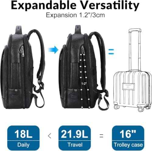 TIDING Genuine Leather Expandable 15.6" Laptop Backpack for Men — view 3