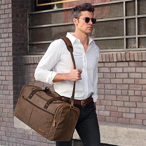 S-ZONE 65L Expandable Canvas Duffle Bag Travel Overnight Holdall Weekend Bag with Shoes Compartment Large Carry On Bag Tote Gym Bag for Men Women — view 2