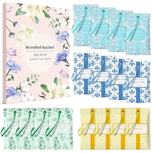 LASENTEUR Scented Sachets 16 Pack, Fresh Linen, Cotton, Vanilla