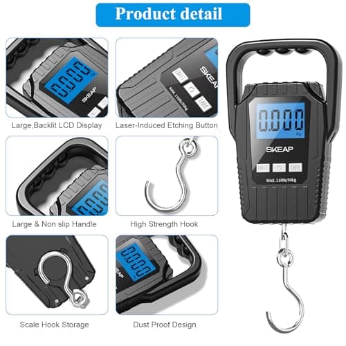 SKEAP Digital Fish Scale Hanging Scale Fishing Scale, 110lb/50kg Luggage Scale,Fish Weighing Scale, Upgrade Large Handle & Backlit LCD Display, Postal Scale,Black,Fishing Gifts for Men,Black — view 5
