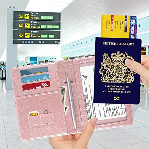 DMLuna Passport Holder, Premium PU Leather Travel Passport Wallet RFID Blocking Passport Cover Case Travel Documents Organizer with Pen Holder, for Women and Men - Rose Gold — view 2