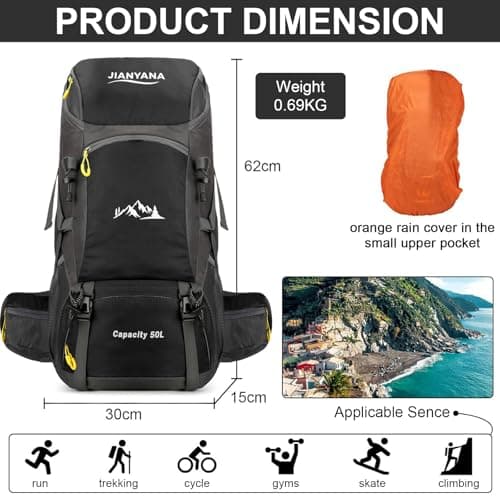 jianyana Hiking Backpack Waterproof 50L Foldable Rucksack Durable Lightweight Camping Bag with Rain Cover for Camping Trekking Hiking Walking Cycling Climbing Outdoor Sports for Women Men(Black) — view 2