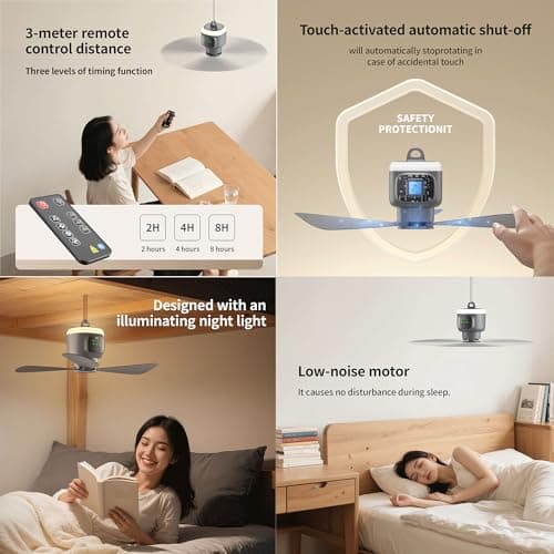 VVU&CCO Portable Ceiling Fan with Light, 4 Speeds Adjustment, 2/4/8H Timer — view 2