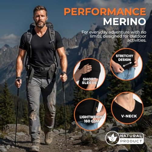 menique Men's 100% Merino Wool V-Neck T-Shirt Lightweight Top, Black, L — view 4