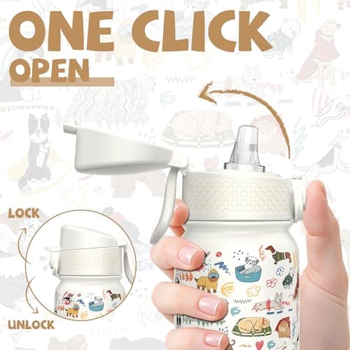 GOPPUS 350ml/12oz Kids Stainless Steel Water Bottle with Straw Toddler Drinks Bottle with Handle Small Insulated Bottles for Girls Boys School Cold Metal Flask with Flip Top Lid BPA Free (White Dog) — view 3
