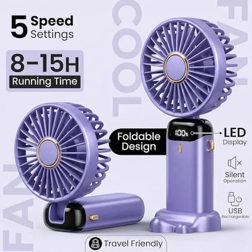 HomlyPro Handheld Fan, 5000mAh Battery-Operated Portable Fan with LED Display, 5 Speeds Strong Airflow & 90° Foldable Design, Small Desk Fans for Home Office Outdoor Travel Essentials (Purple) — view 3