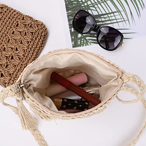 Aucuu Straw Bag for Women, Summer Beach Straw Purse with Tassel, Weave Handmade Single Crossbody Bag with Zipper, Bohemian Shoulder Purse for Summer Beach Travel — view 3