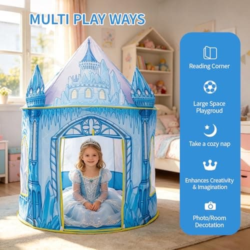 ROIWUIE Princess Play Tent for Girls, Pop Up Ice Castle Tent for Kids, Foldable Blue Play Tent for Indoor Outdoor Use for Toddlers Birthday Gift — view 4