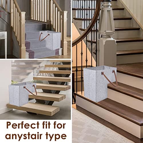 Keyohome Foldable L-shape Stair Basket Organiser, Large Stair Storage Organizer, Large Stair Tidy Basket Storage, Felt Stair Storage Bag with Faux Leather Handles for Laundry Toys Household (Grey) — view 6