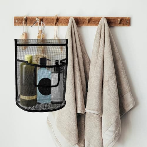 Tabanzhe Hanging Mesh Bag with Hook,Peg Bag Basket Shower Caddy Laundry Organizer Reusable Clothes Pegs Bag for Washing Lines Home College Travel Gym(Black) — view 5