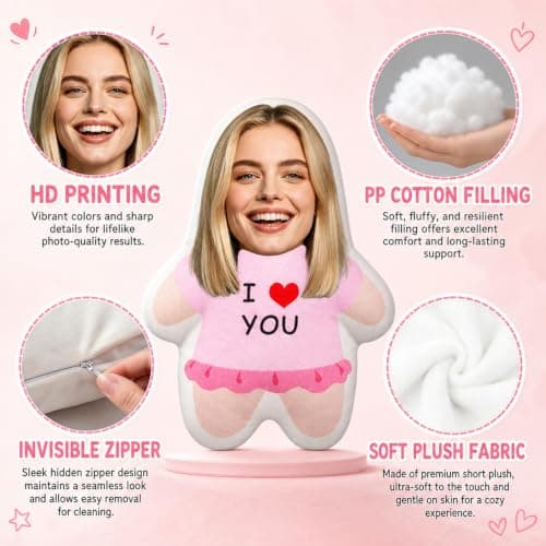 Custom Face Pillow, Personalised Photo Cushion with Body Shapes, Funny Mini Human Doll Pillows, Novelty customized gift for Boyfriend Girlfriend Valentine’s Day Christmas, 4-18 Inches — view 4