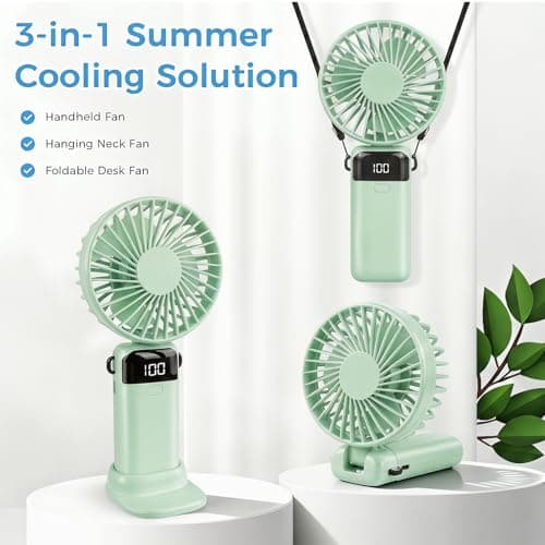CNMTCCO Handheld Fan, Rechargeable Portable Fan with LED Display, 5 Speeds Mini Fan 90-Degree Foldable Hand Fan, USB Desk Fan for Home Office Bedroom Outdoor Travel (Green) — view 6