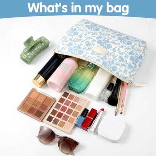 Floral Cute Makeup Bag, Large Toiletries Bag for Women Girls, Cute Cotton Makeup Pouch,Quilted Flower Travel Toiletry Organizer Bag(Blue) — view 3