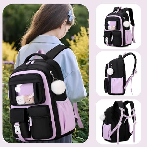 Kawaii Girls Backpack for Kids School Bag, Capacity Bookbag Rucksack for Girls Daypack, B552-Black+Purple — view 2